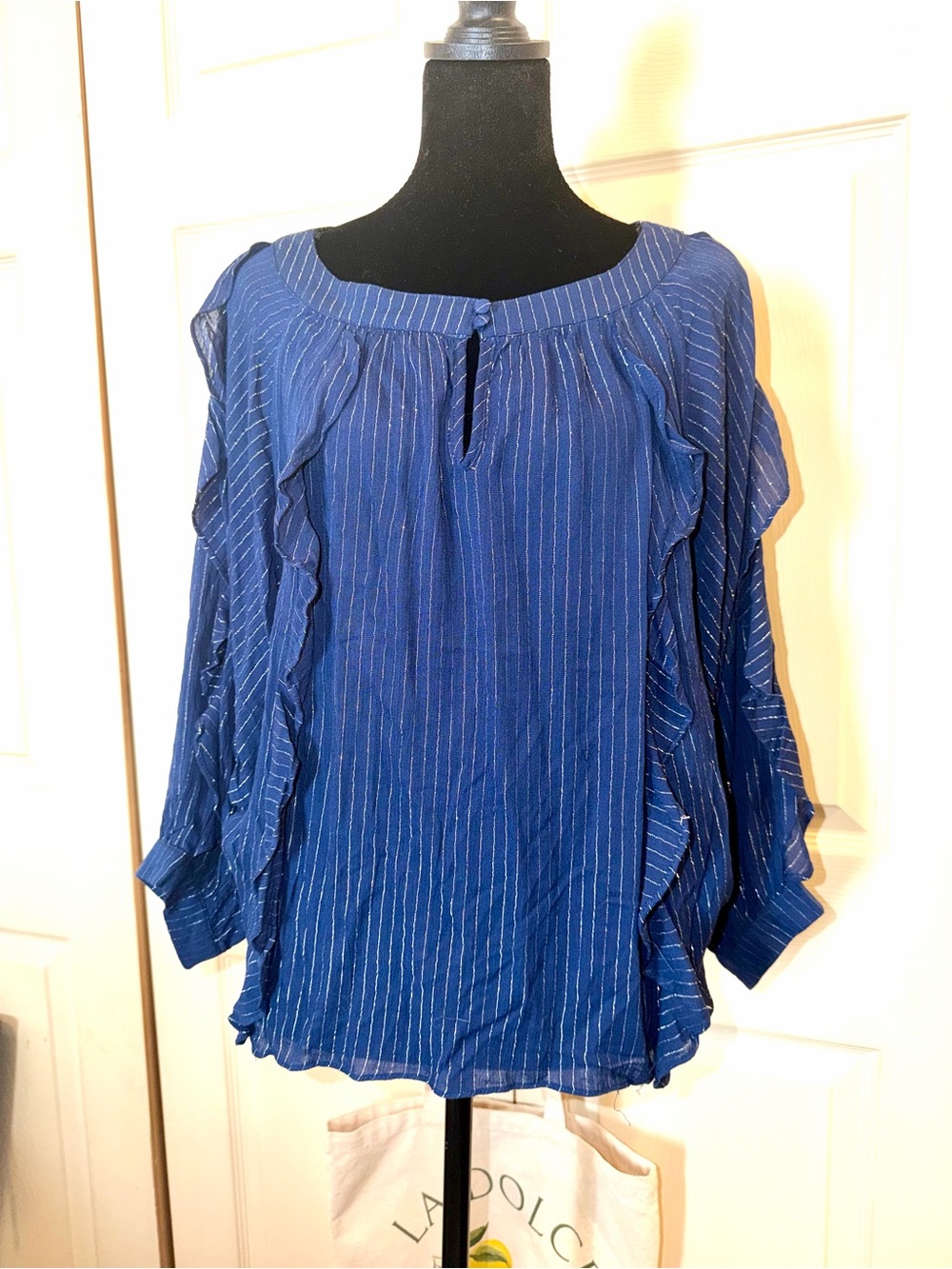 Umgee Navy Blue Pinstripe Ruffle Peasant Blouse